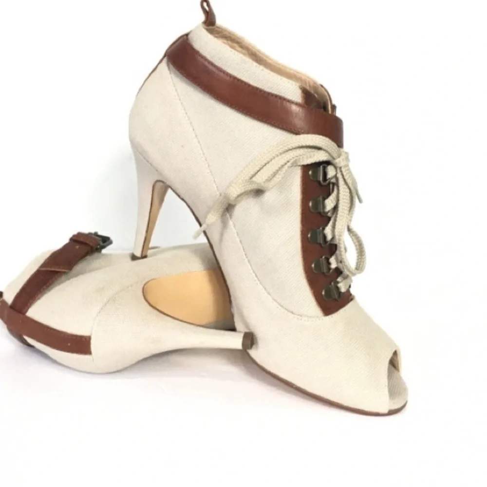 NWOT J. CREW Vintage Leather/Fabric Upper Leather Lining Lace Open Toe Shoes 9.5